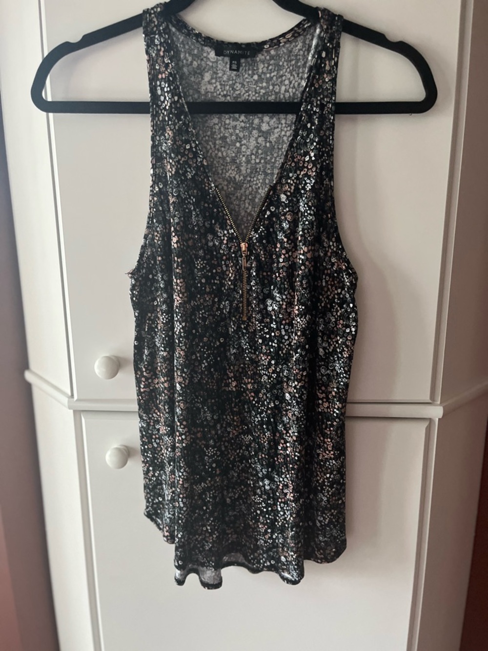 Dynamite Black Sequin Floral Zip Tank